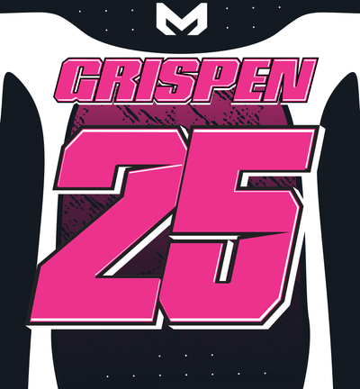 Example rider name and number on SPRK Aurora custom MX gear set, name and number sublimated, Adult