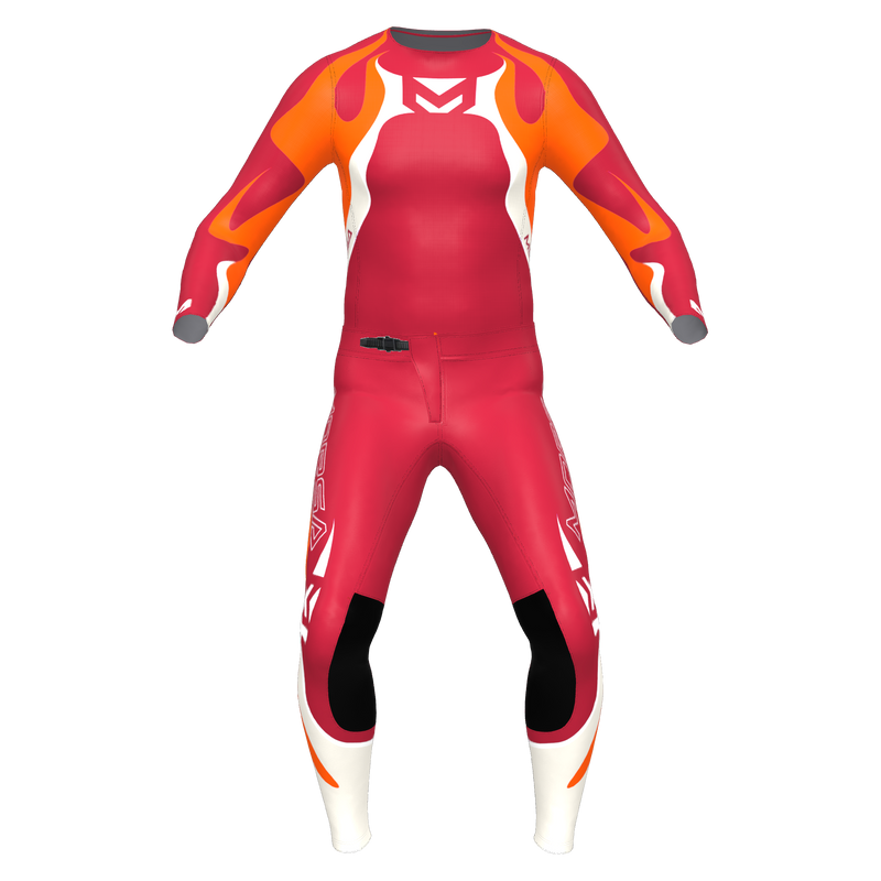 PHNX Ruby motocross jersey and pants in deep red, front view