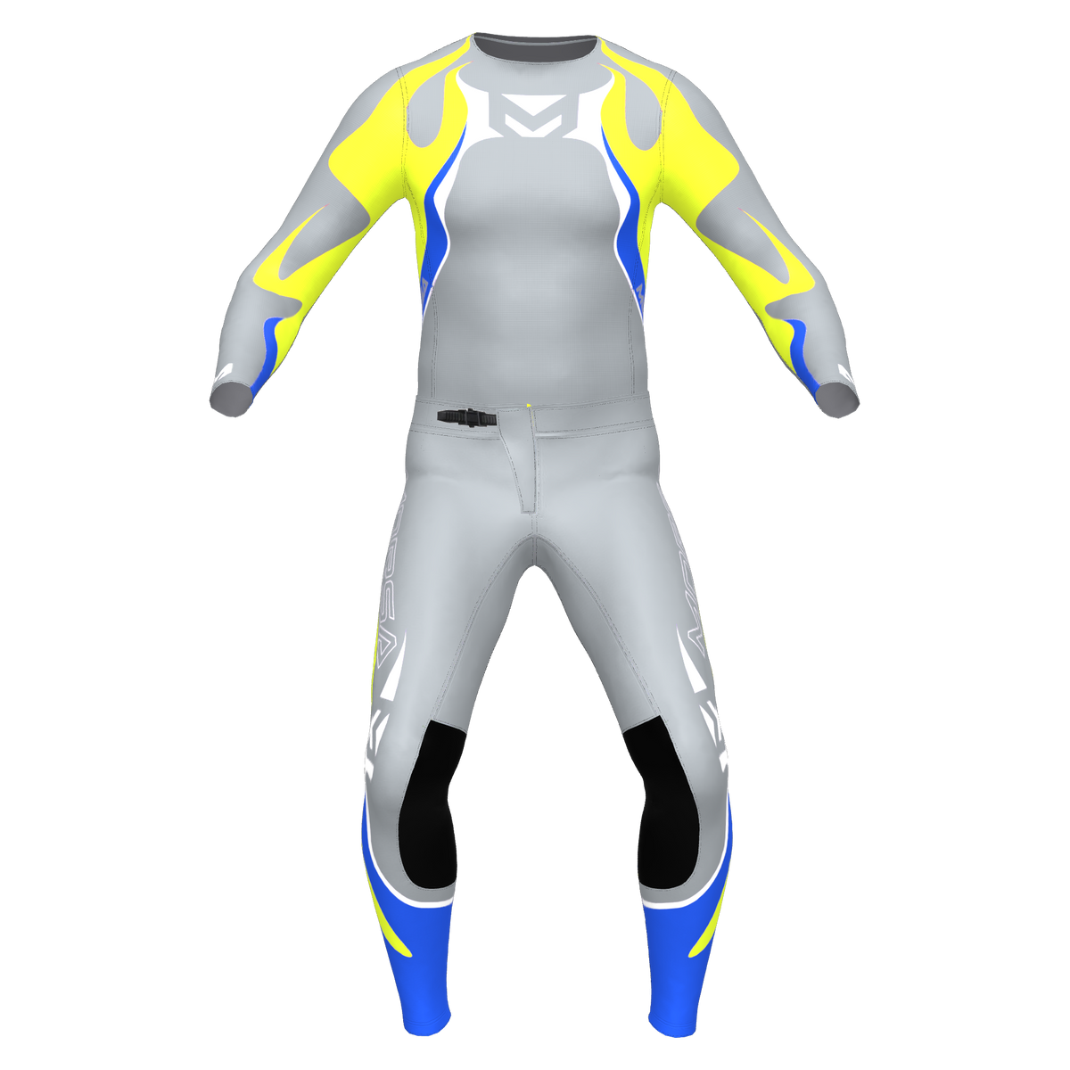 PHNX Volt kids motocross jersey and pants in grey and fluo yellow, front view