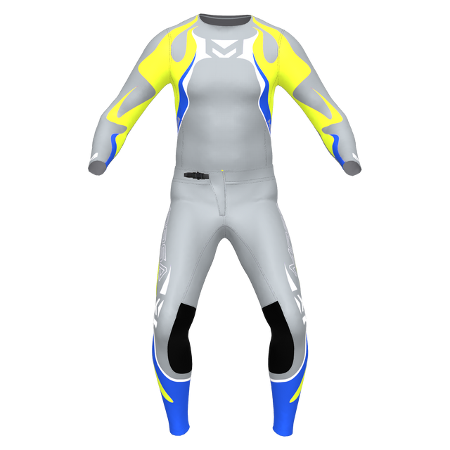 PHNX Volt motocross jersey and pants in grey and fluo yellow, front view