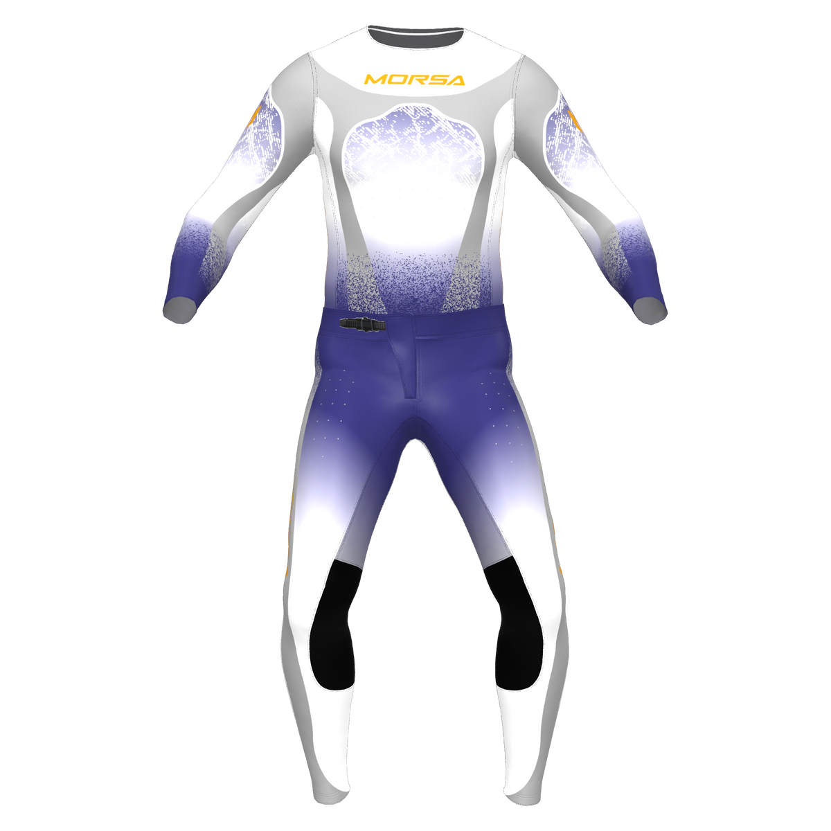 SPRK Aurora motocross jersey and pants in navy and gold, front view