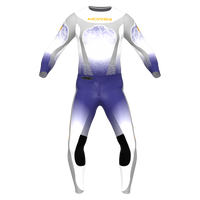 SPRK Aurora motocross jersey and pants in navy and gold, front view
