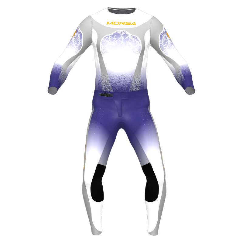 SPRK Aurora motocross jersey and pants in navy and gold, front view