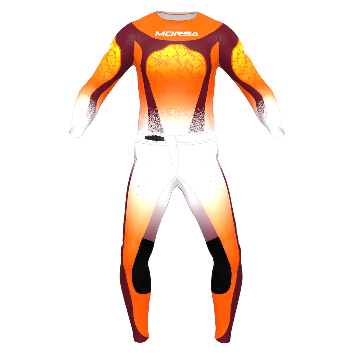 SPRK Flare motocross jersey and pants in orange and white, front view