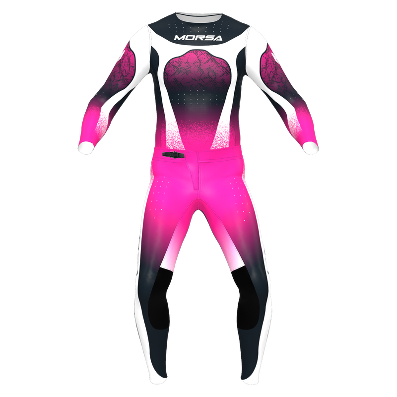 SPRK Livewire motocross jersey and pants in pink and black, front view