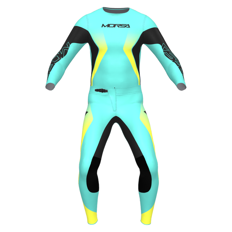 VSPR Mint motocross jersey and pants in mint, black and yellow, front view